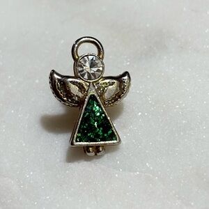 Beautiful Vintage Green Glitter Angel Lapel Pin Clear Rhinestone Head Brooch